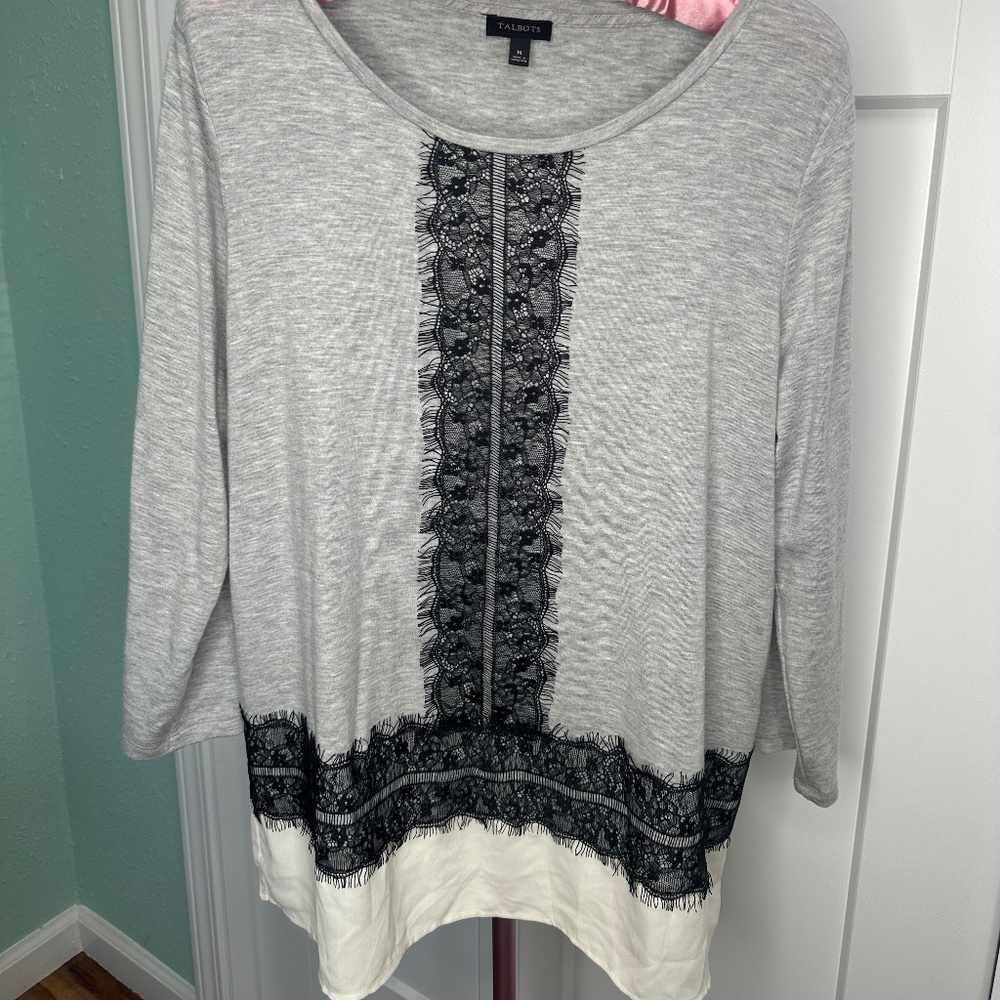 Talbots Gray Black White Lace Insert Top Medium